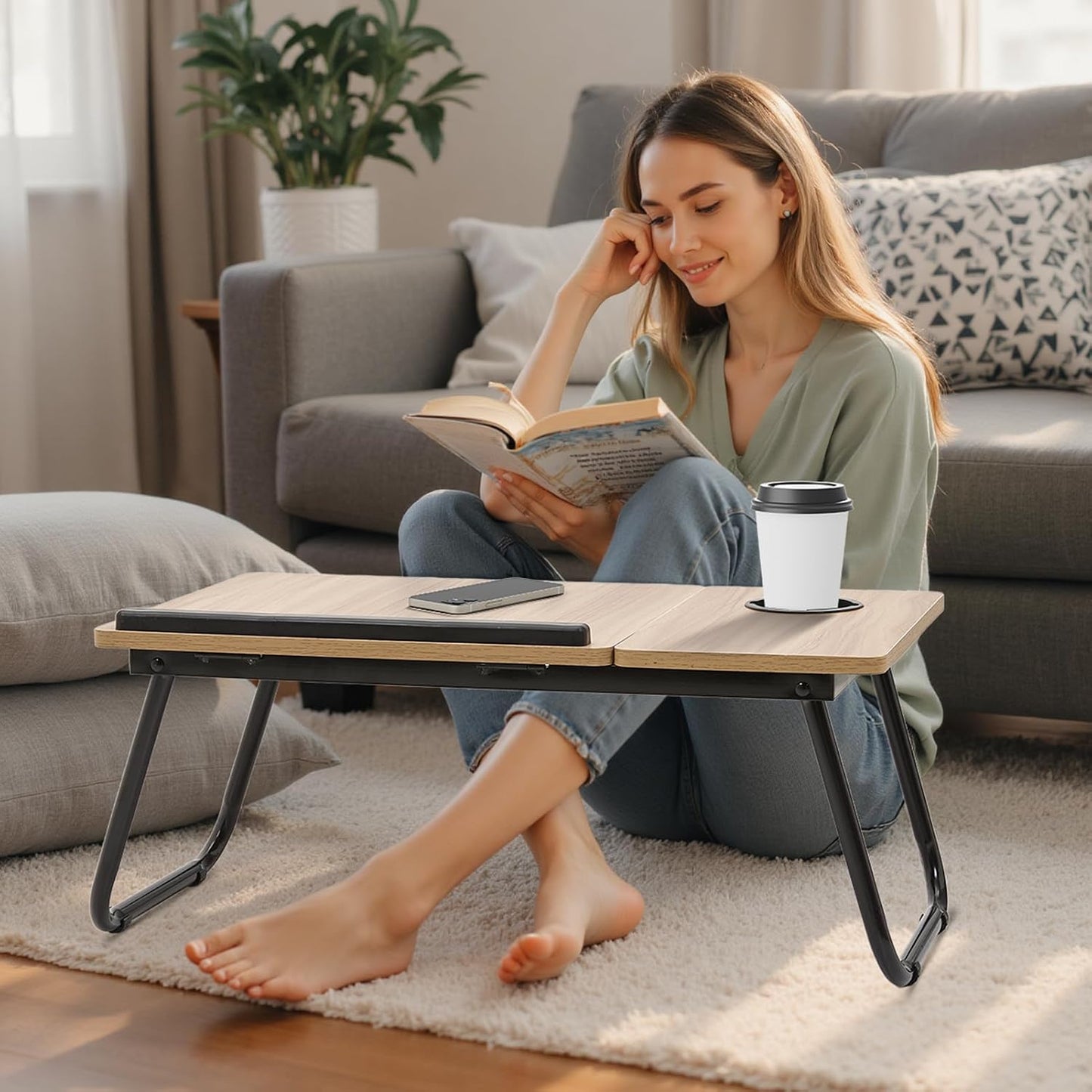 Tilt Laptop Table with Legs, Foldable Bed Table, Beige | Adjustable Laptop Desk with Cup Holder&Tablet Slot. Small Desk on Bed or Sofa for Breakfast, Working, Reading.