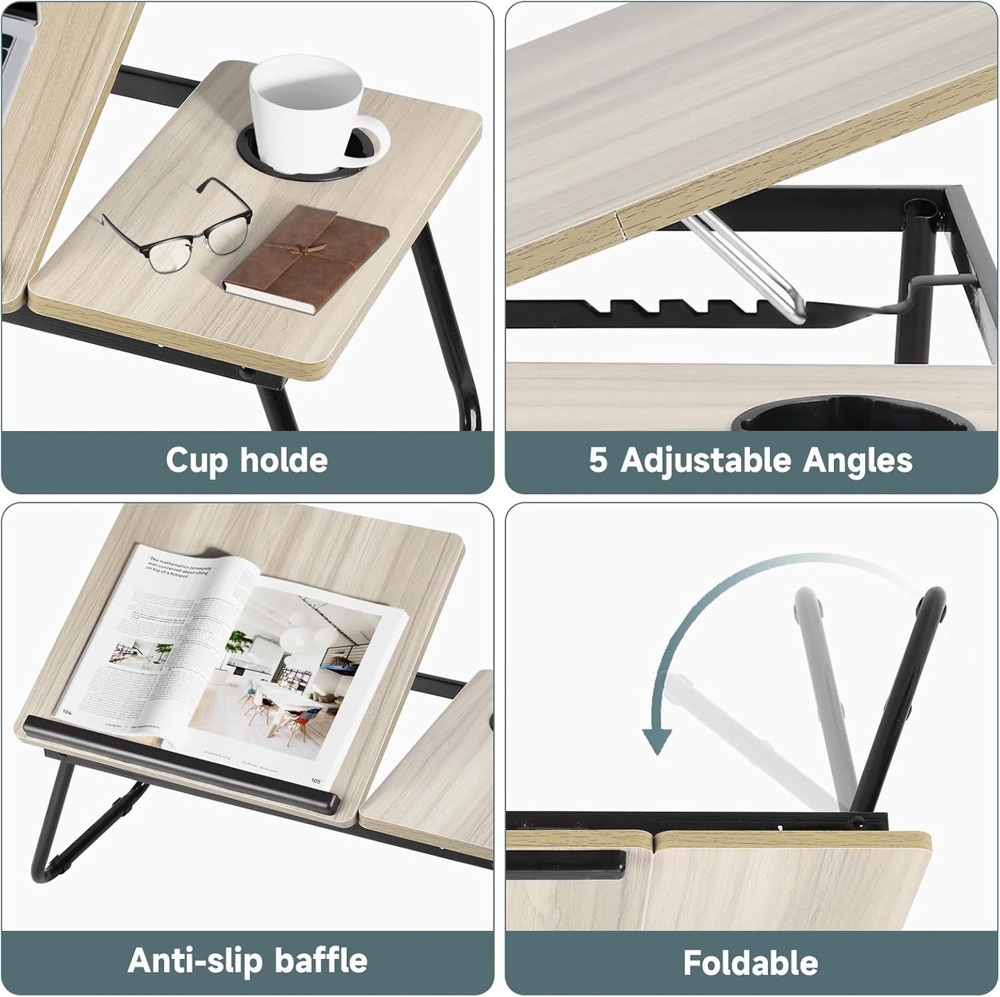 Tilt Laptop Table with Legs, Foldable Bed Table, Beige | Adjustable Laptop Desk with Cup Holder&Tablet Slot. Small Desk on Bed or Sofa for Breakfast, Working, Reading.