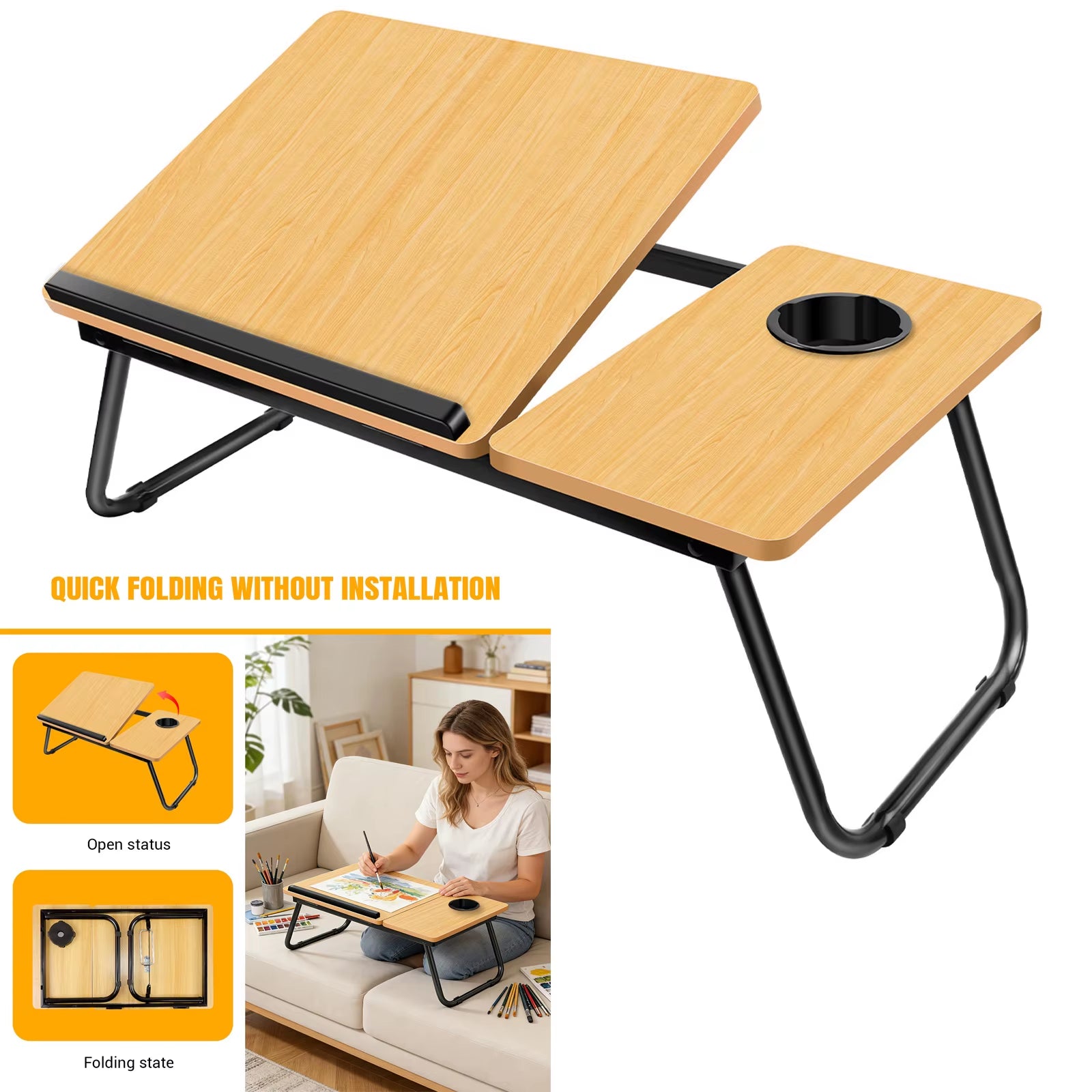 Laptop Desk, Foldable Laptop Bed Table with Cup Slot Reading Holder Notebook Stand with Adjustable Height Angle Laptop Bed Tray