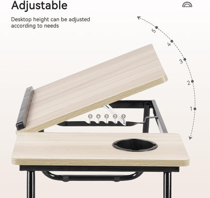 Tilt Laptop Table with Legs, Foldable Bed Table, Beige | Adjustable Laptop Desk with Cup Holder&Tablet Slot. Small Desk on Bed or Sofa for Breakfast, Working, Reading.