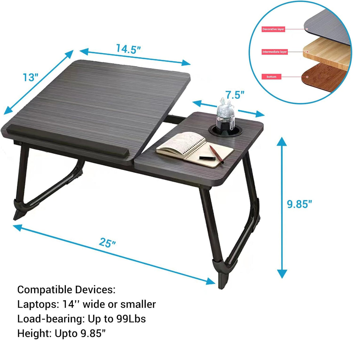 Avenor Laptop Desk for Bed or Couch, Lap Desk, Woking in Bed Desk, Home Office Desks, Breakfast Tray, Desk with Cup Holder, Watching Movies in Bed, Laptop Stand for Bed, Fordable Legs Desk (Walnut)