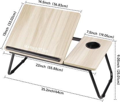 Tilt Laptop Table with Legs, Foldable Bed Table, Beige | Adjustable Laptop Desk with Cup Holder&Tablet Slot. Small Desk on Bed or Sofa for Breakfast, Working, Reading.