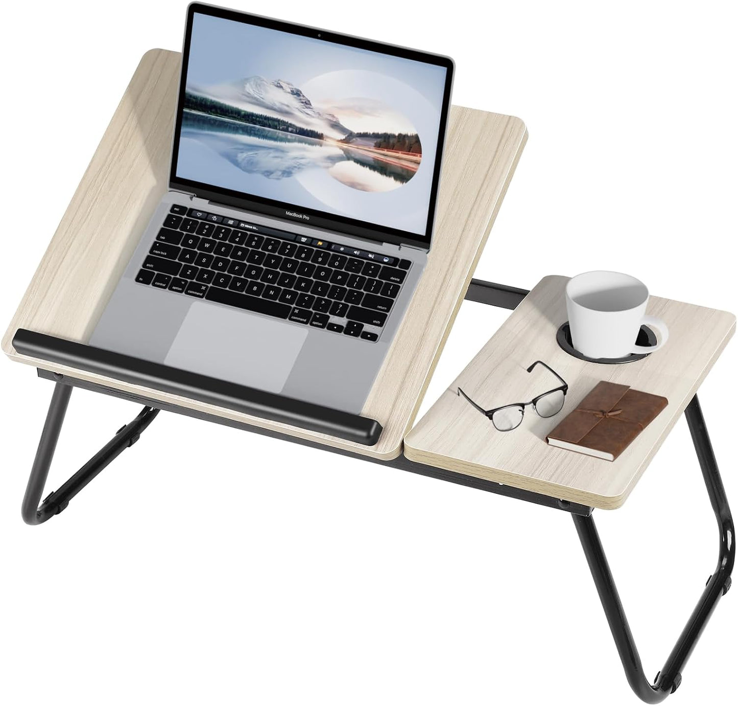 Tilt Laptop Table with Legs, Foldable Bed Table, Beige | Adjustable Laptop Desk with Cup Holder&Tablet Slot. Small Desk on Bed or Sofa for Breakfast, Working, Reading.