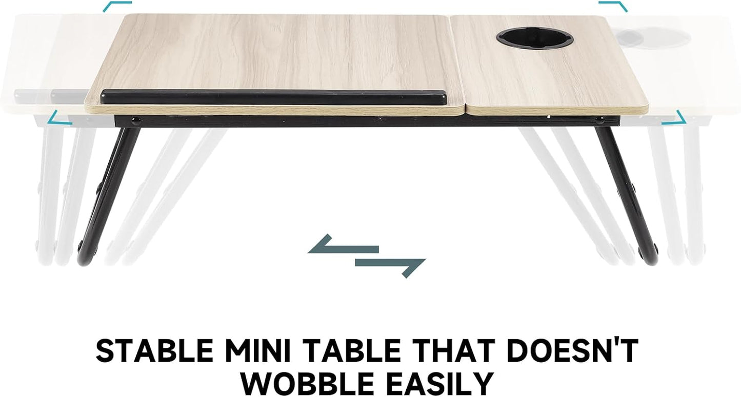 Tilt Laptop Table with Legs, Foldable Bed Table, Beige | Adjustable Laptop Desk with Cup Holder&Tablet Slot. Small Desk on Bed or Sofa for Breakfast, Working, Reading.