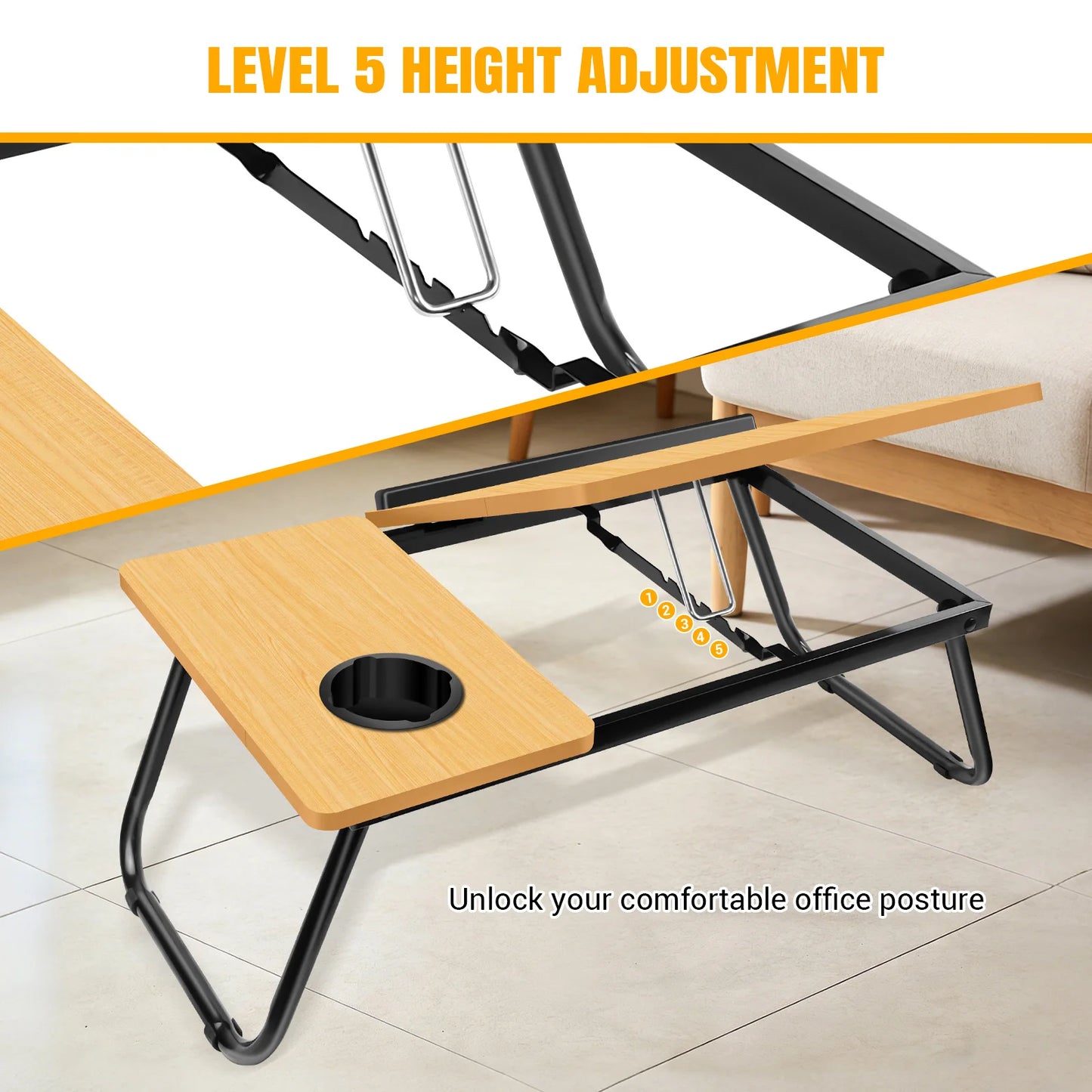 Laptop Desk, Foldable Laptop Bed Table with Cup Slot Reading Holder Notebook Stand with Adjustable Height Angle Laptop Bed Tray